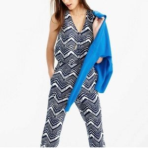 J. Crew Linen Cotton Jumpsuit 2 Navy Blue Zig-zag